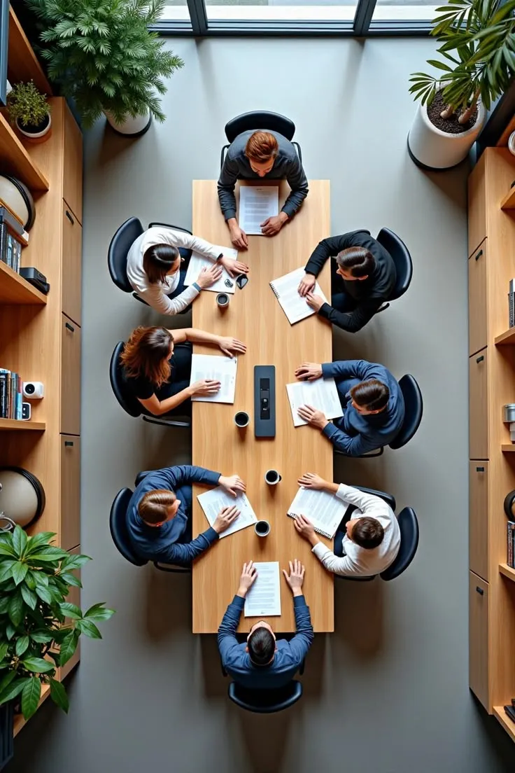 A group gathered around a long table in dialogue, seen from above